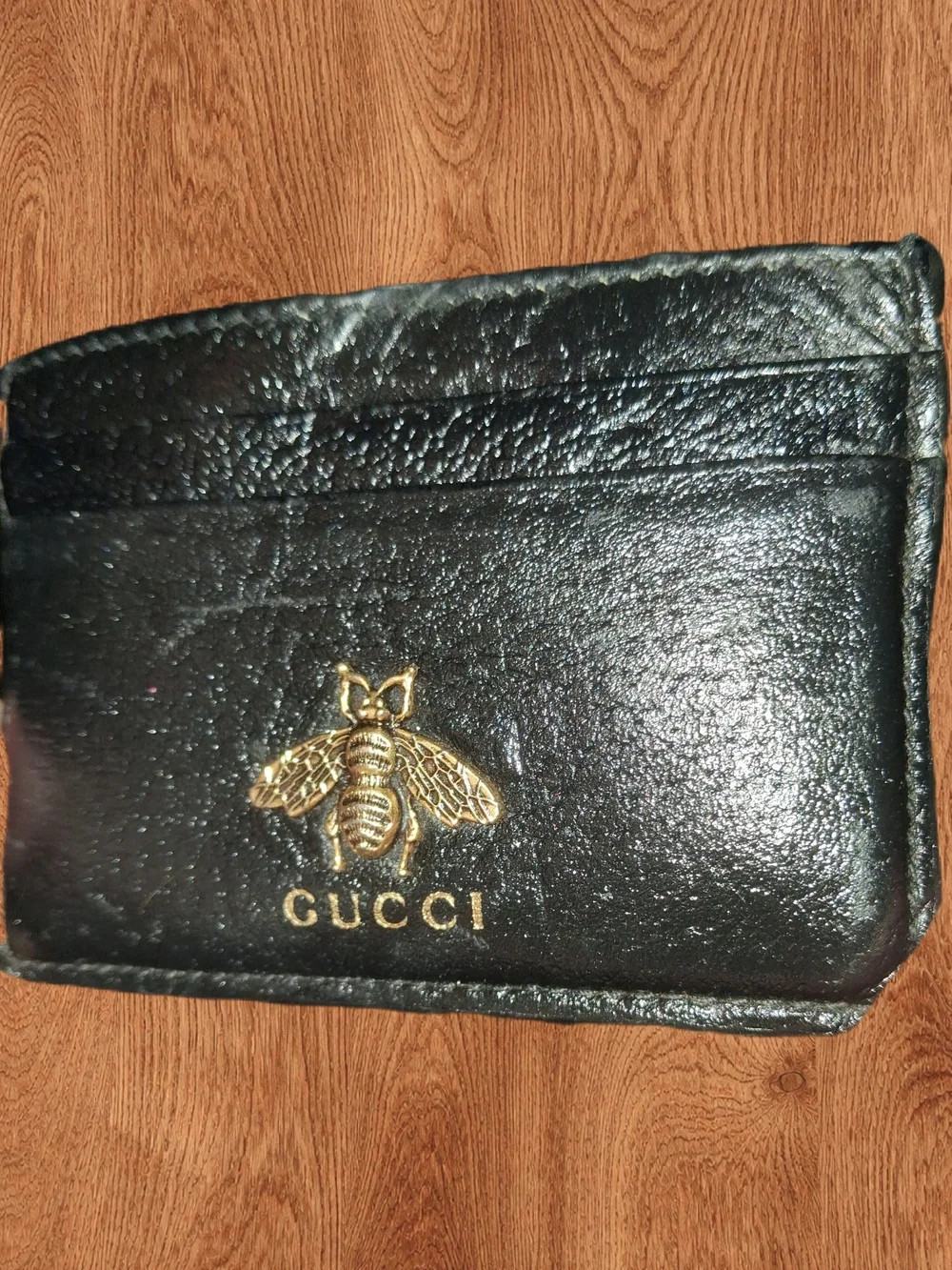 Gucci Black Leather Card Sleeve with Gold Bee Motif